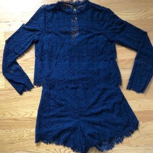 NWT Lace Navy long sleeve shorts romper